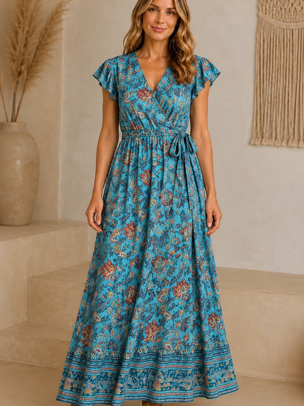 Band of the Free Teal Floral Wrap Maxi Dress with Tie Waist Cottagecore Romantic